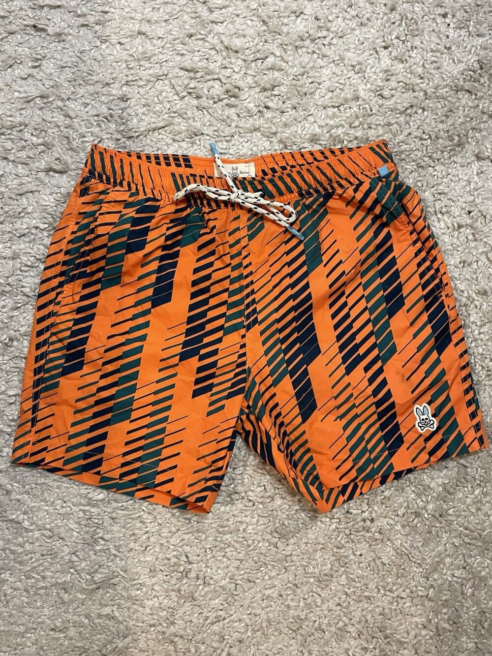 Psycho Bunny Men's Size S Orange/Navy Geometric Print Swim Trunks Dockray